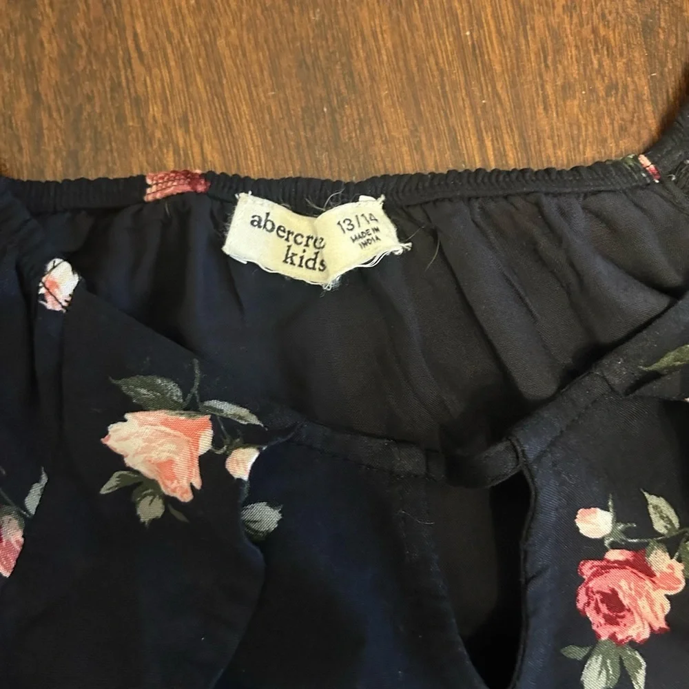 abercrombie kids Navy Floral Off-Shoulder Dress with Pink Roses with pockets